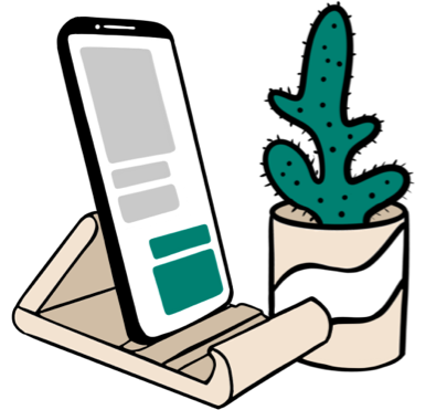An illustrated phone stand holding a phone upright with a small potted cactus to the right. 