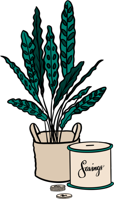Illustration of a potted green plant beside a money savings jar with scattered coins.