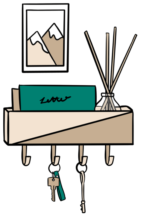 An illustration of a wall mounted key rack with a photo in a frame above it.