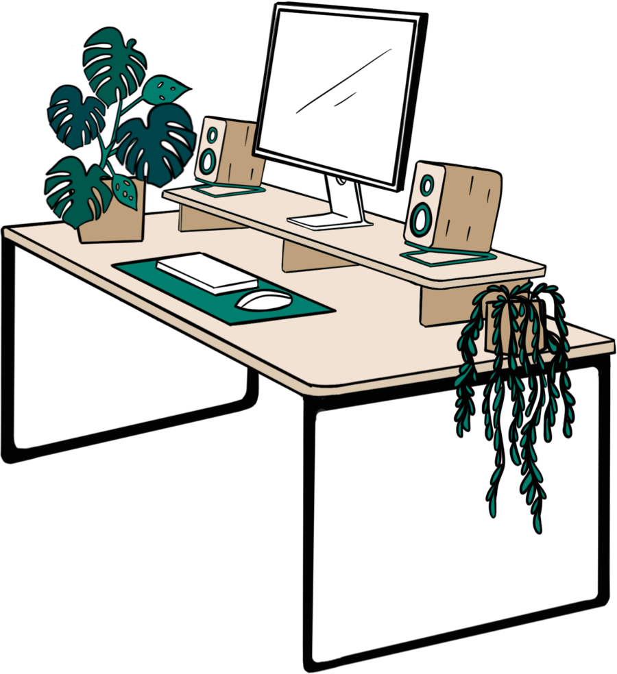 Illustration of a large desk with a desktop computer, speakers, mouse and keyboard, and potted plants on it.