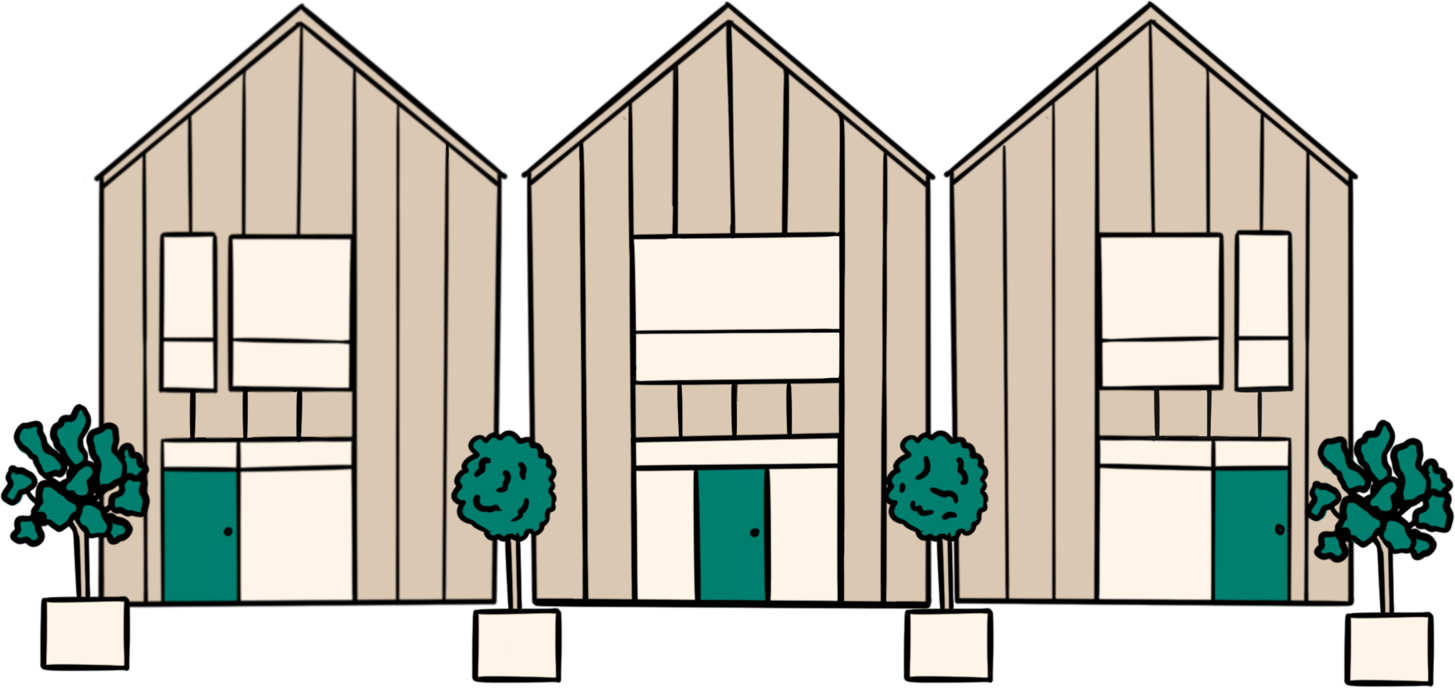 Illustration of three terrace homes with green front doors, wide windows and potted plants in the front.