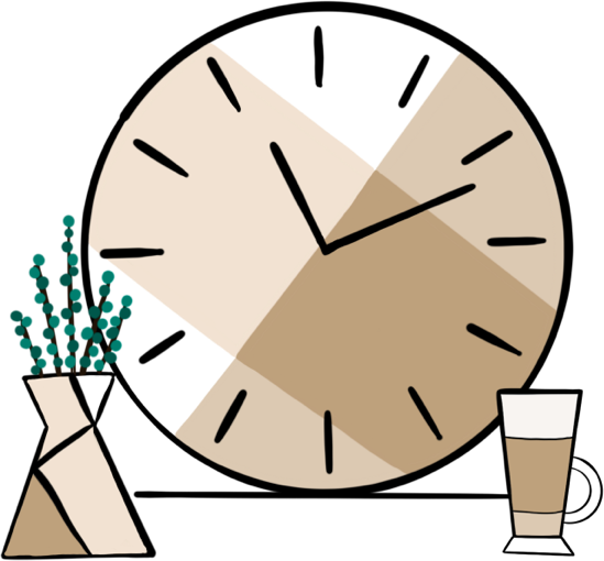 Illustration of a large circular clock with a potted plant a coffee cup in front of it.