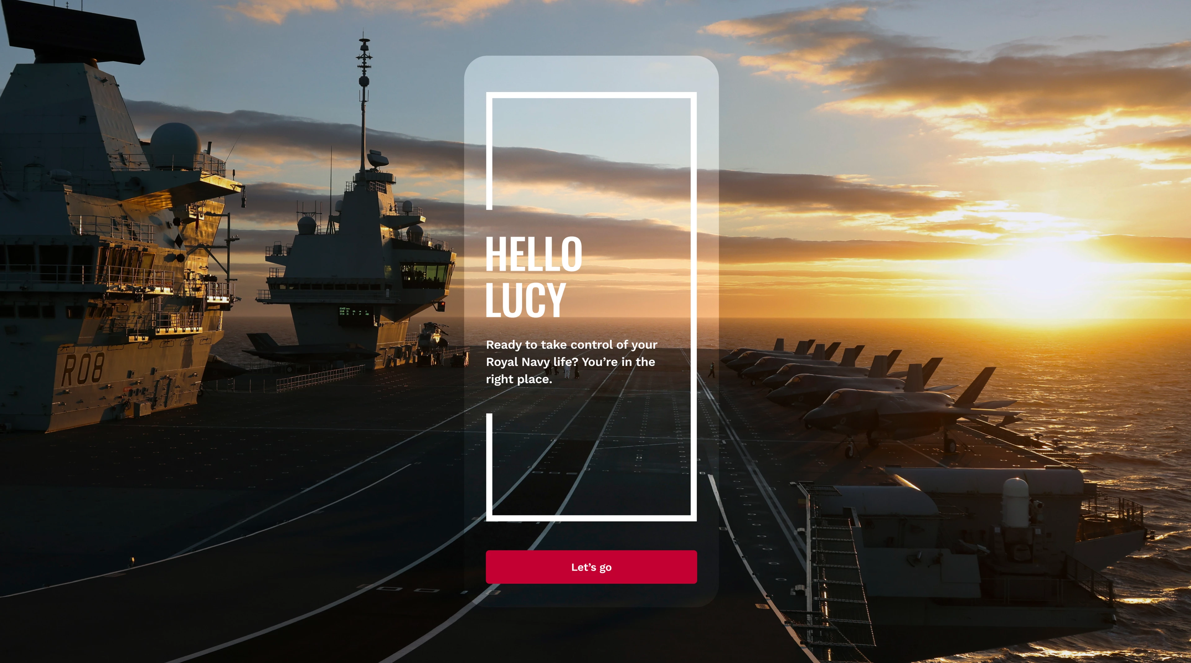 A MyNavy app screen in front of a naval ship at sunset