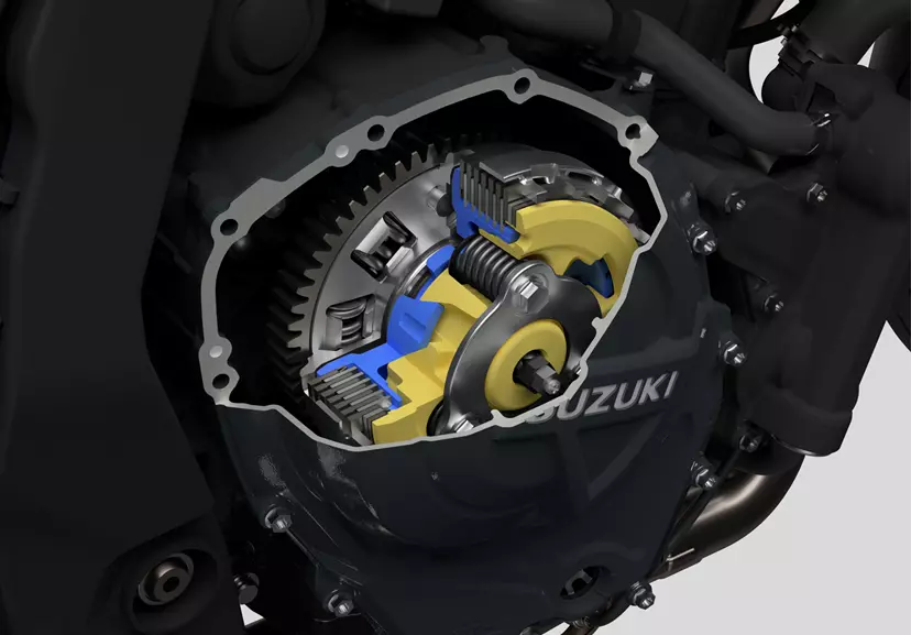 A detailed cutaway view of the Suzuki V-Strom 800DE clutch mechanism, highlighting its internal components and design.