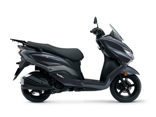 Side profile view of the Suzuki Burgman 125EX in metallic grey, showcasing its aerodynamic design and sleek bodywork.