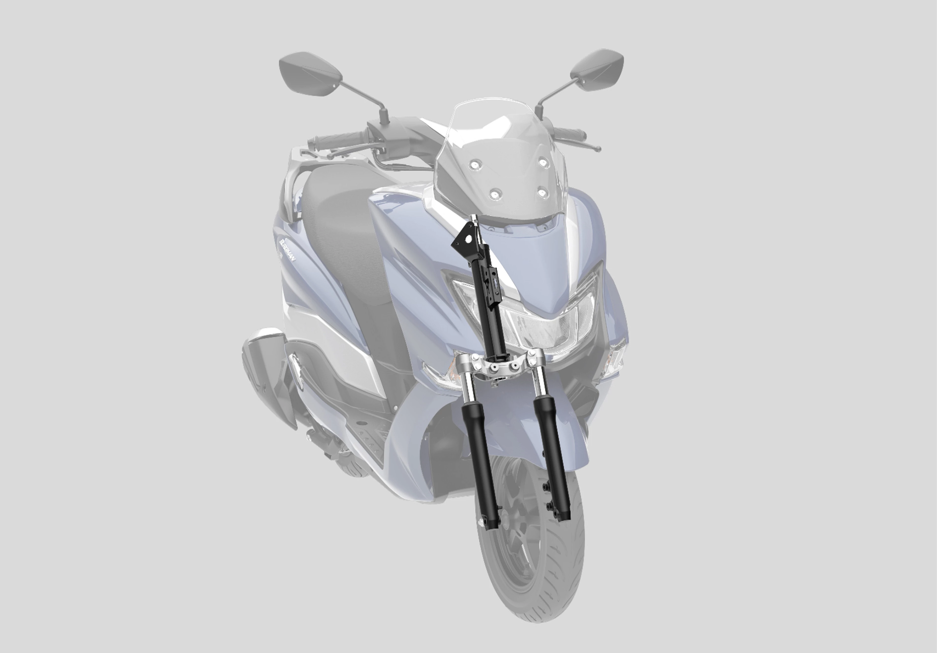 Suzuki Burgman Street 125EX technical view of the front suspension system, showing its fork design for smooth handling.