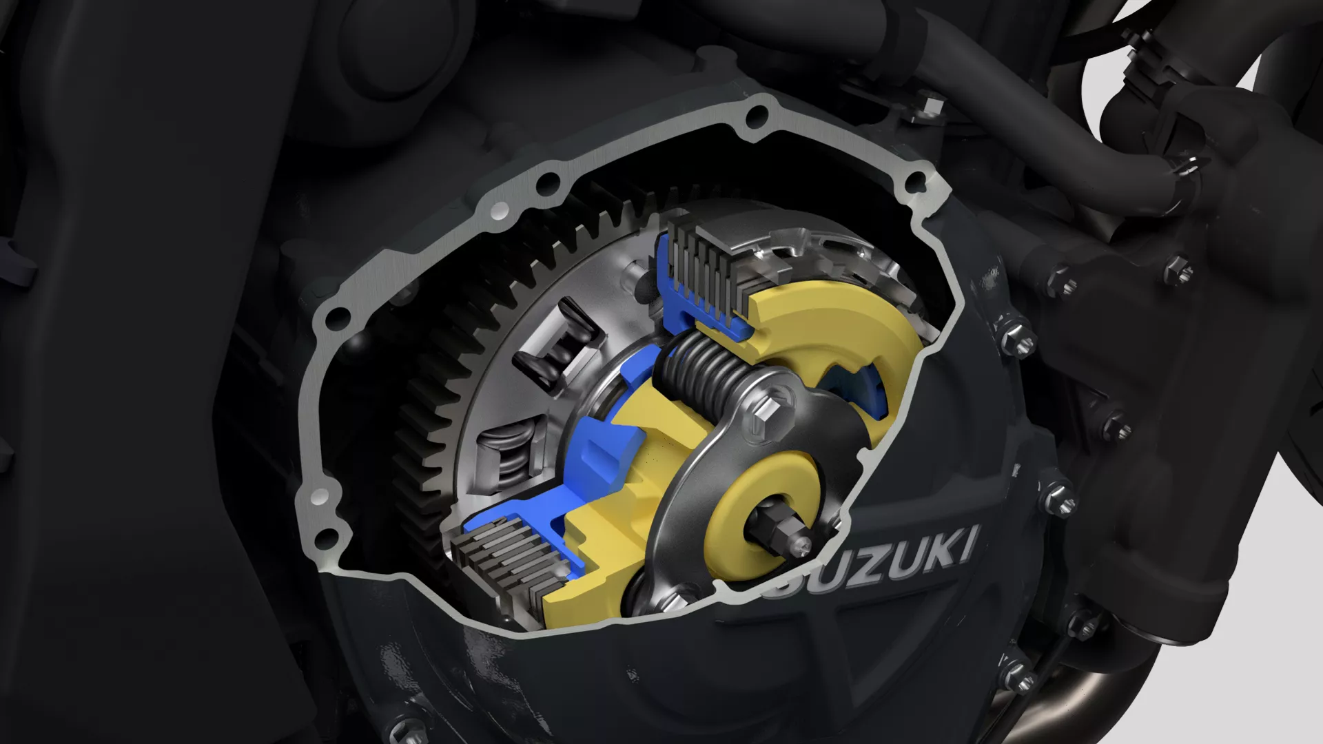 Suzuki GSX-8TT clutch CGI close up of the clutch cut out.