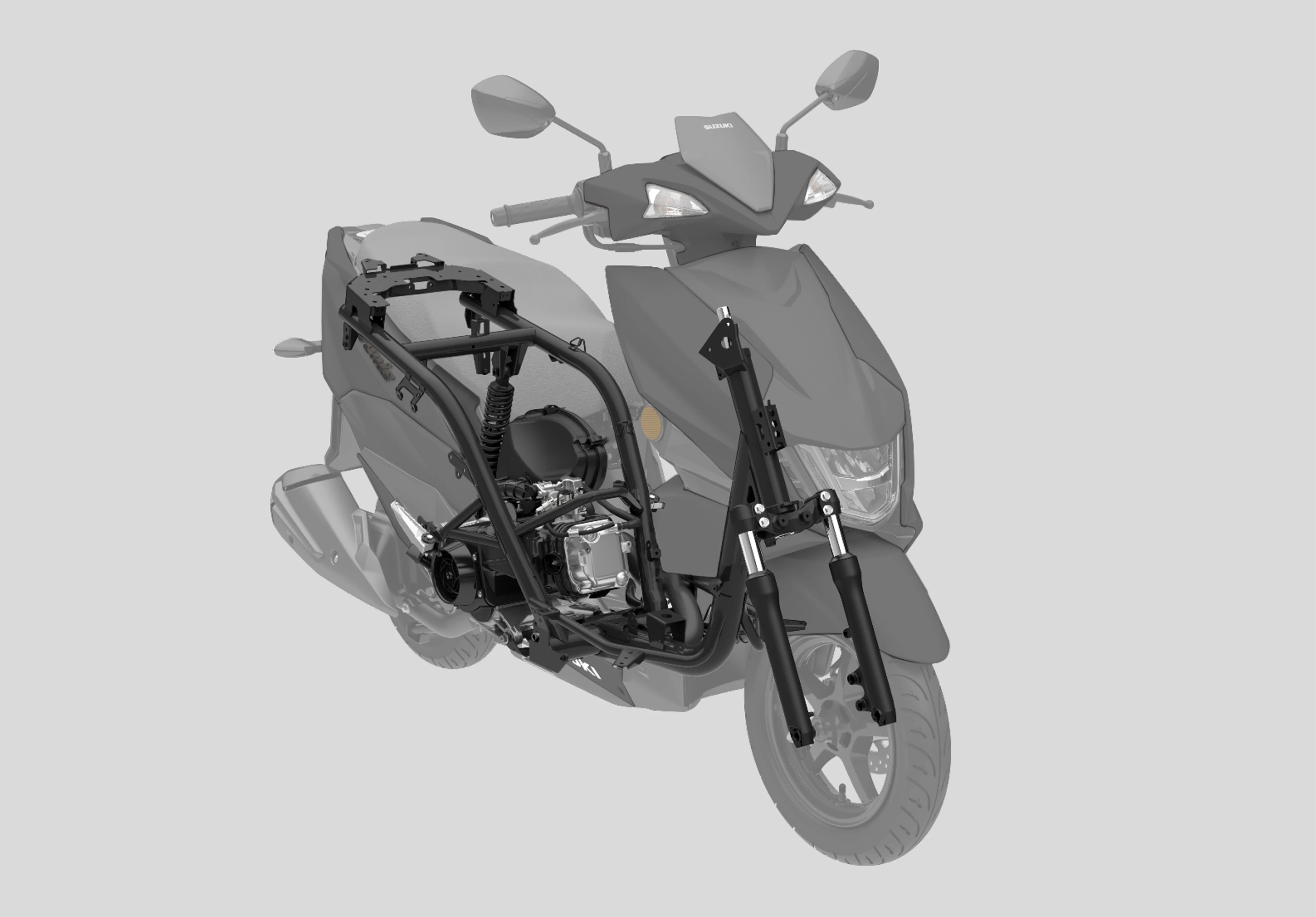 Suzuki Avenis 125 detailed view of the frame structure, highlighting its durability and engineering precision.