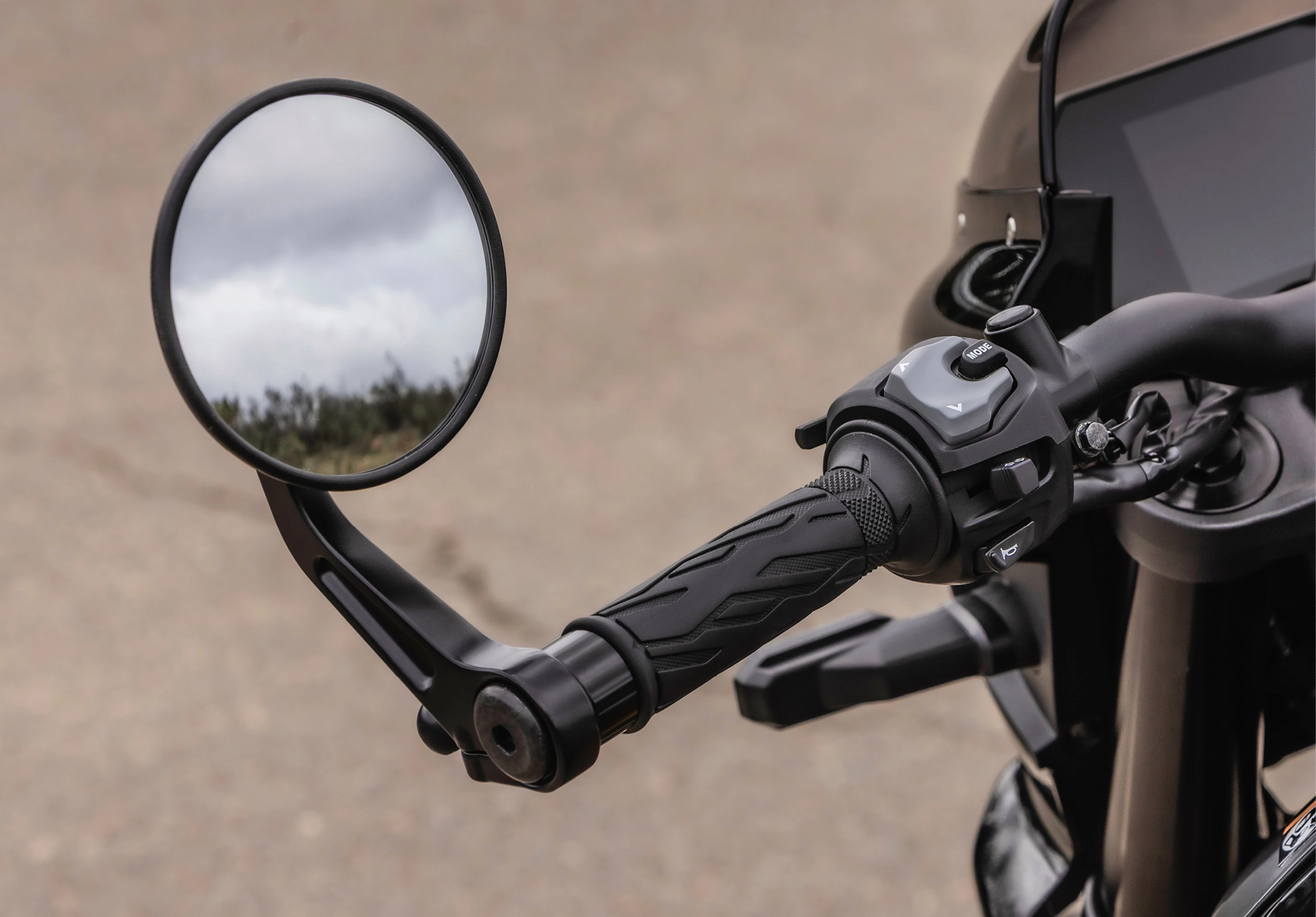 Suzuki GSX-8TT bar end mirror close up, left hand side