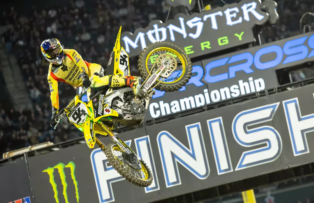 Suzuki RM-Z450 Ken Roczen finish jump AMA Supercross Anaheim