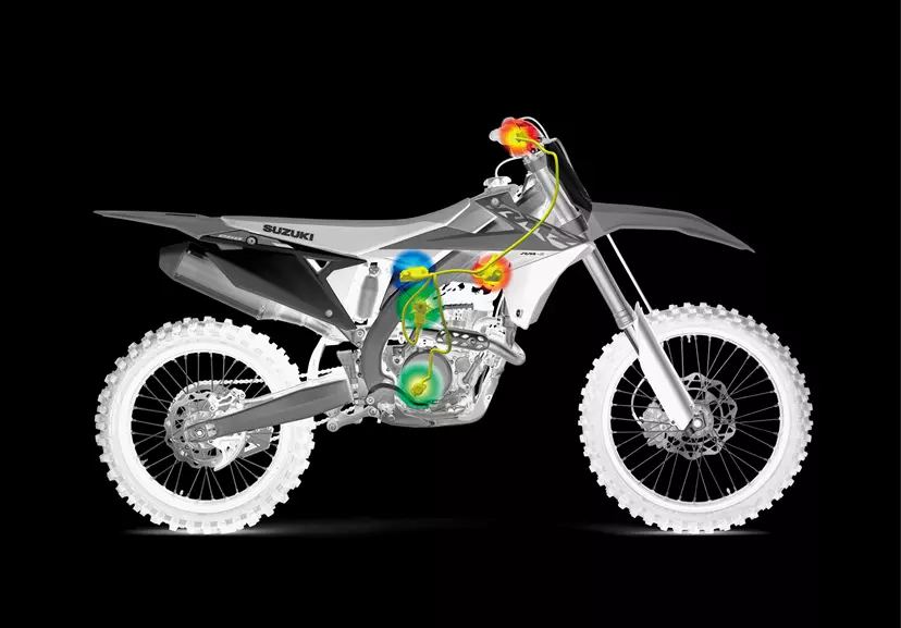 Suzuki RM-Z250 transparent bike with the key electronics demonstrated on a black background