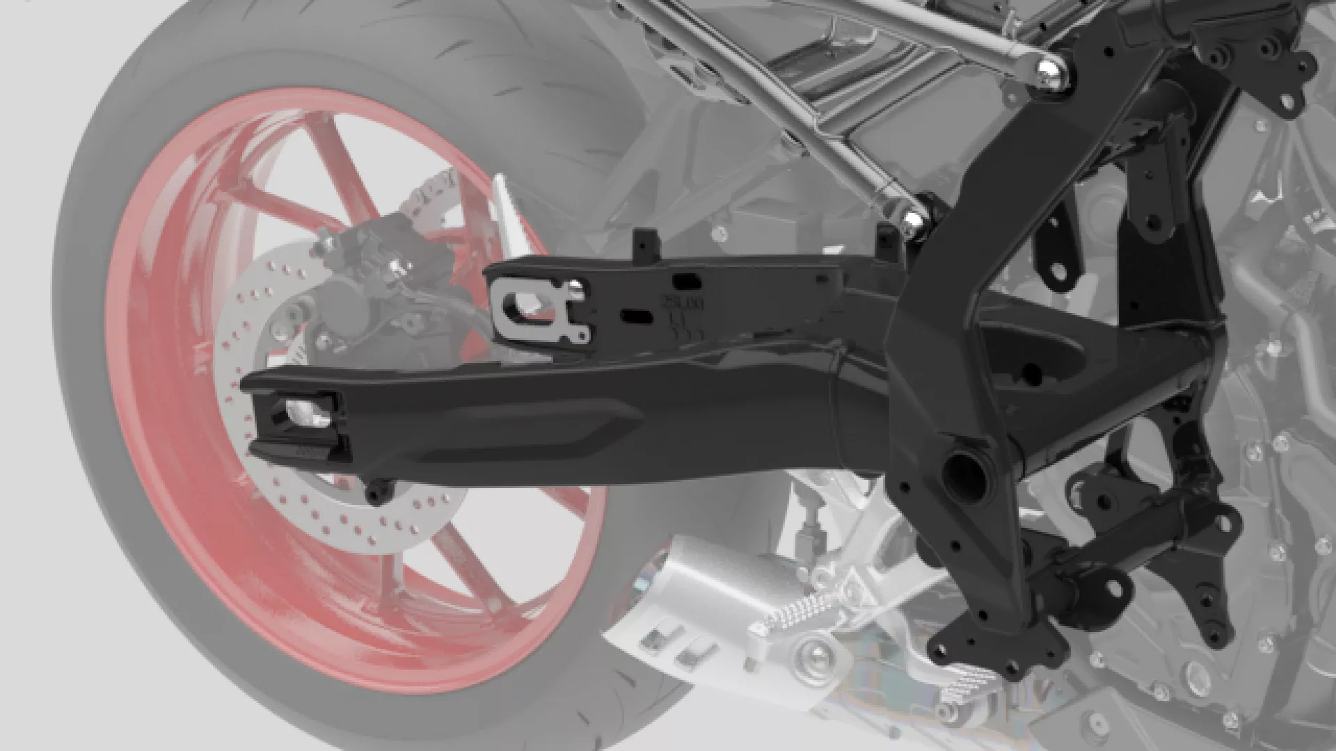 Suzuki GSX-8TT CGI image of the swingarm with the rest of the bike faded out around it
