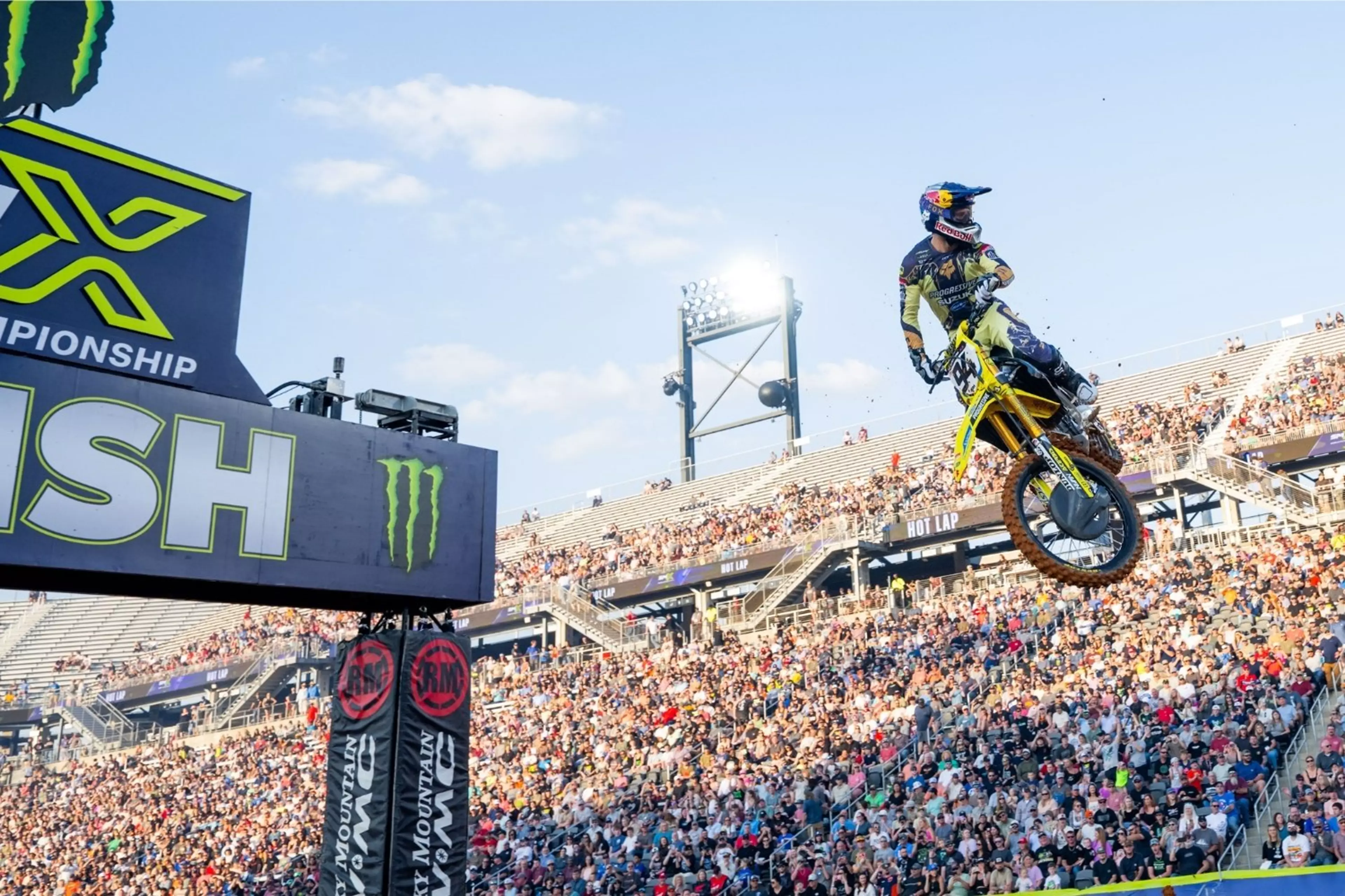 Ken Roczen crossing the finish jump in Birmingham SX