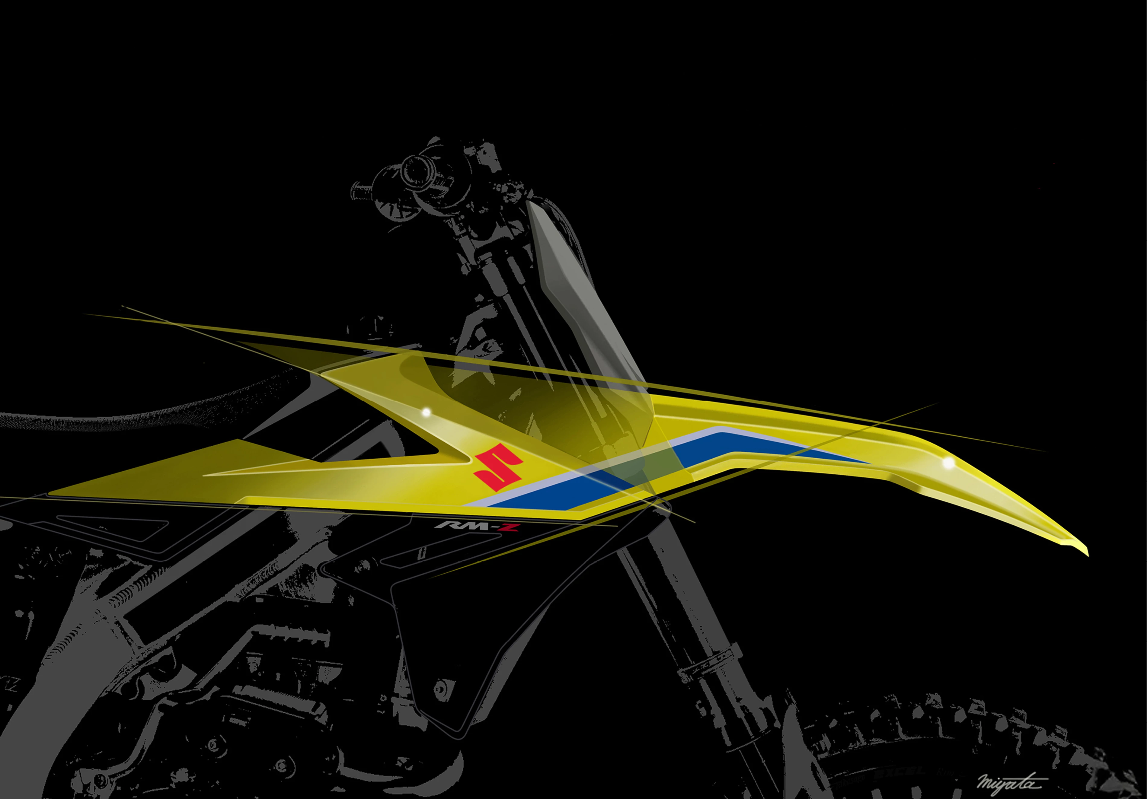 Suzuki RM-Z250 design sketch of the front end and beak on a black background