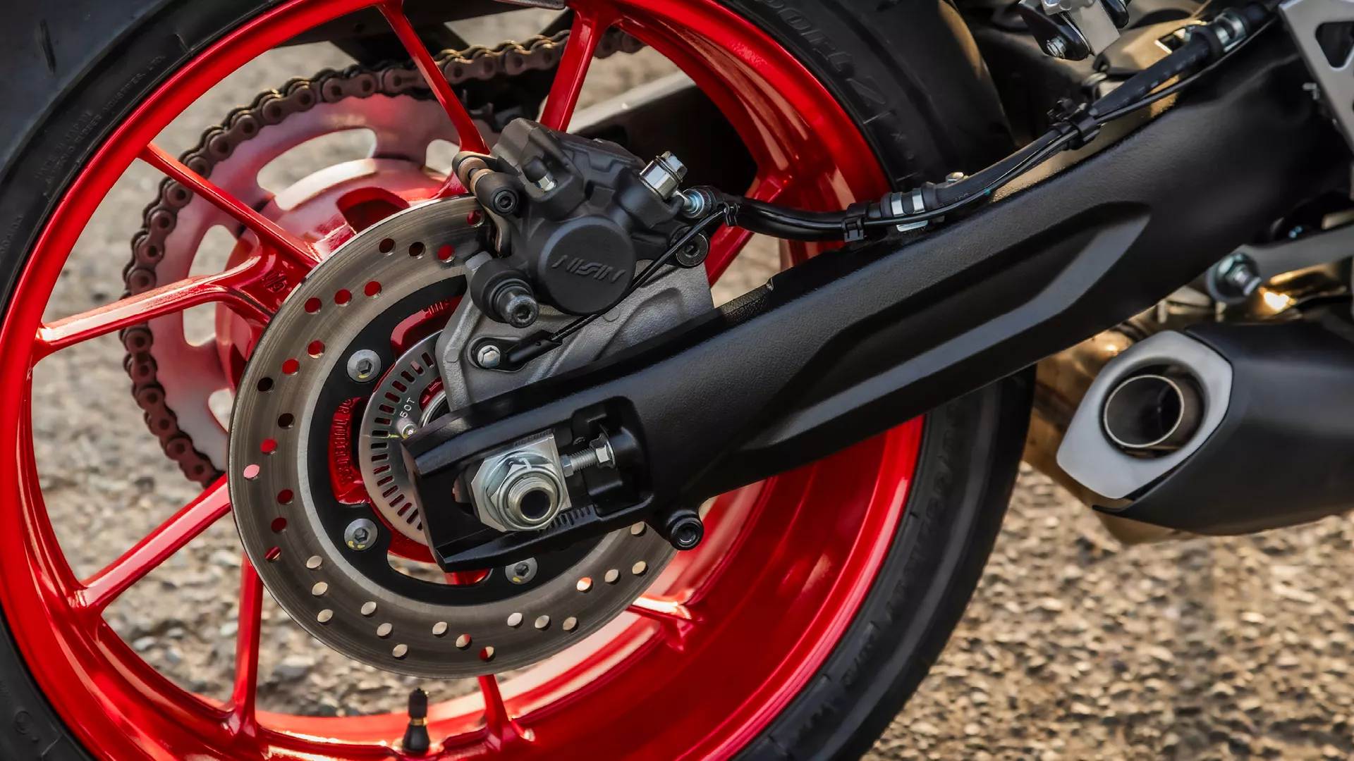 Suzuki GSX-8S swingarm and rear wheel close-up