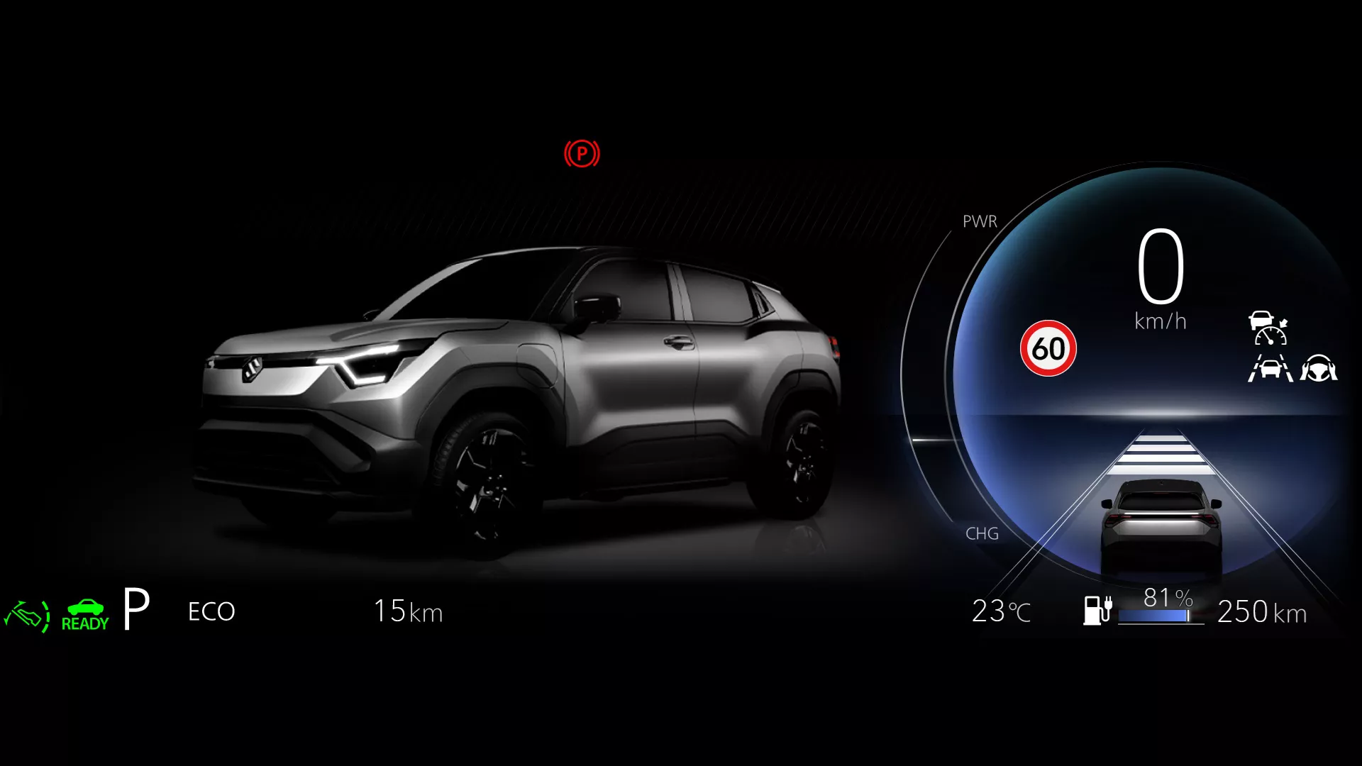 Digital driver display in the Suzuki e Vitara showing active Lane Keep Assist and Lane Departure Prevention features