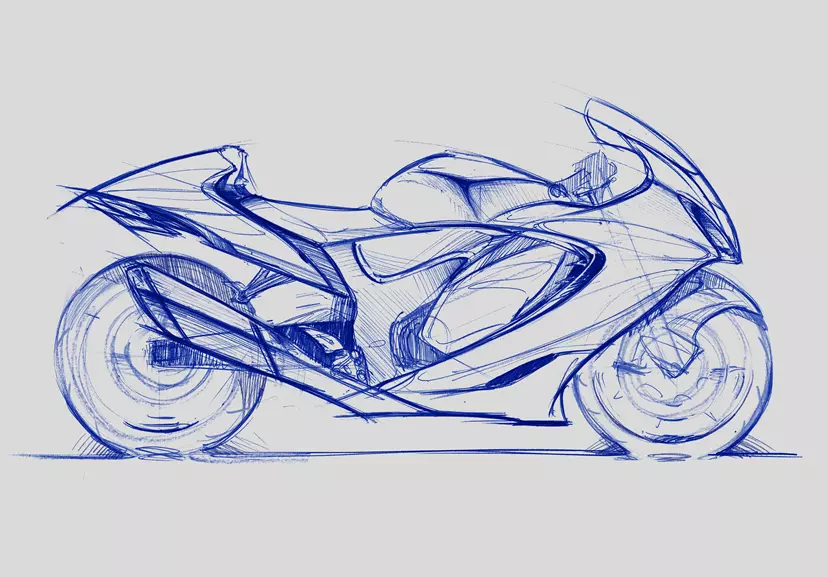 Blue line sketch of the Suzuki Hayabusa motorcycle design from a side profile.