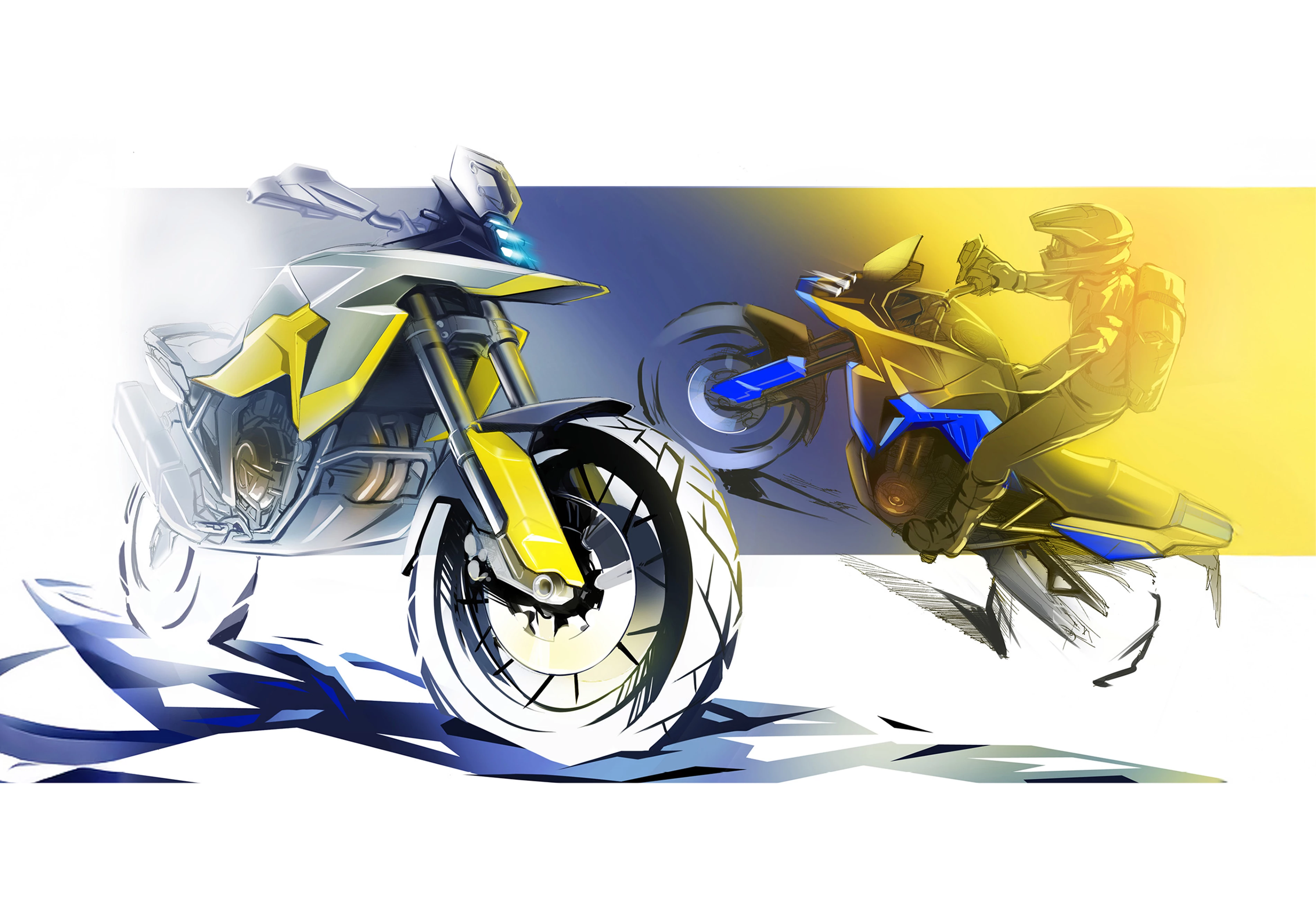 Conceptual sketches of the Suzuki V-Strom 800DE, highlighting its aggressive front design and adventure-ready silhouette.