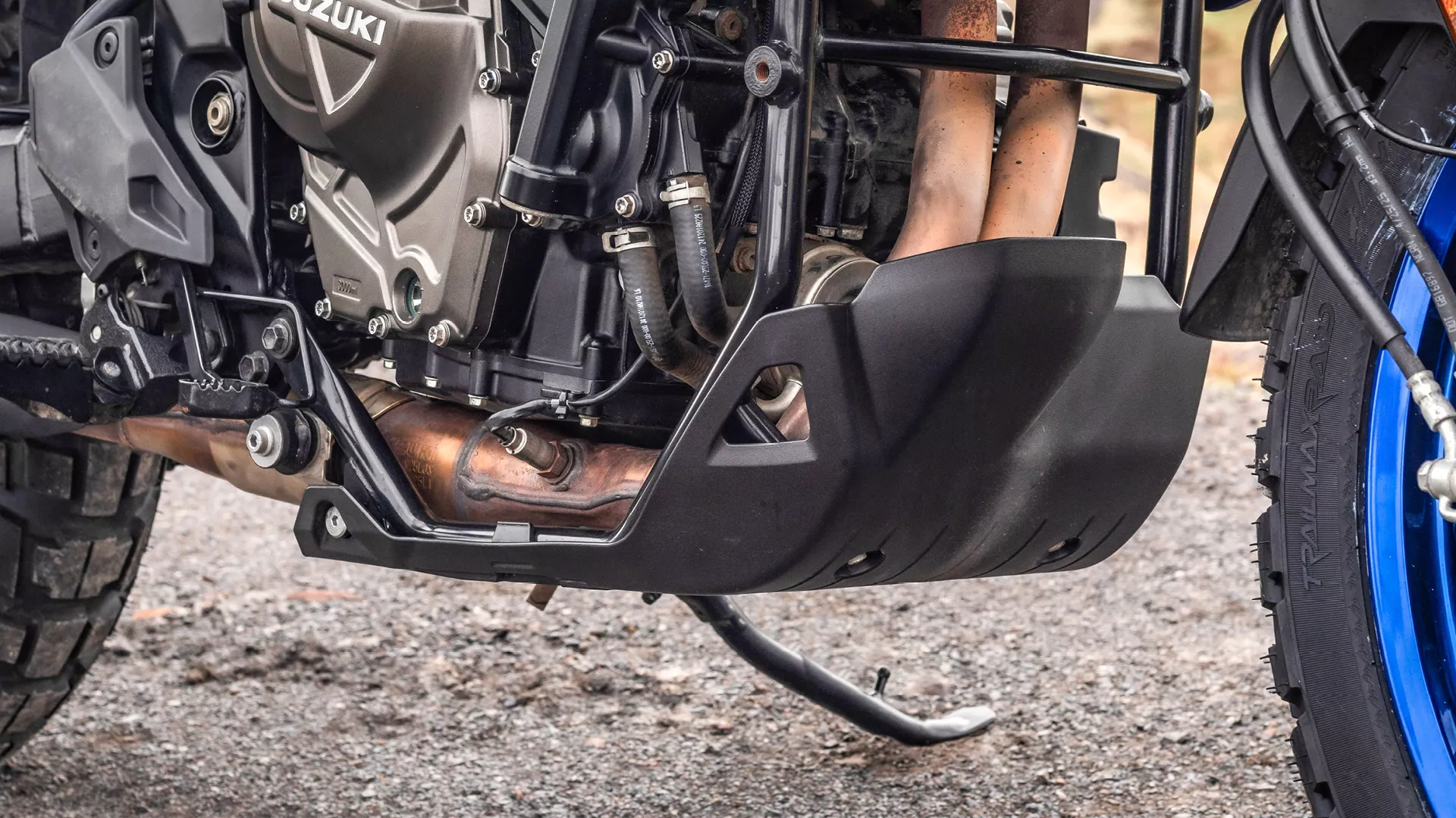 Suzuki V-Strom 800DE engine and sump guard close up
