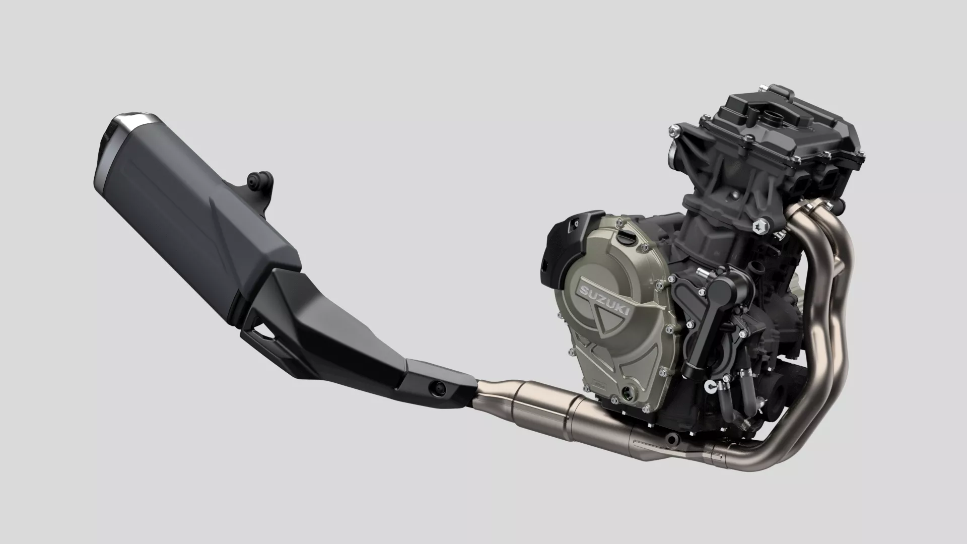 The Suzuki V-Strom 800DE engine with an exhaust system, showcasing its advanced engineering and design.