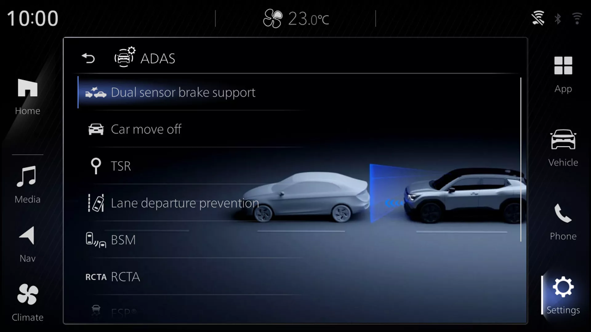Infotainment screen in the Suzuki e Vitara displaying the Dual Sensor Brake Support system