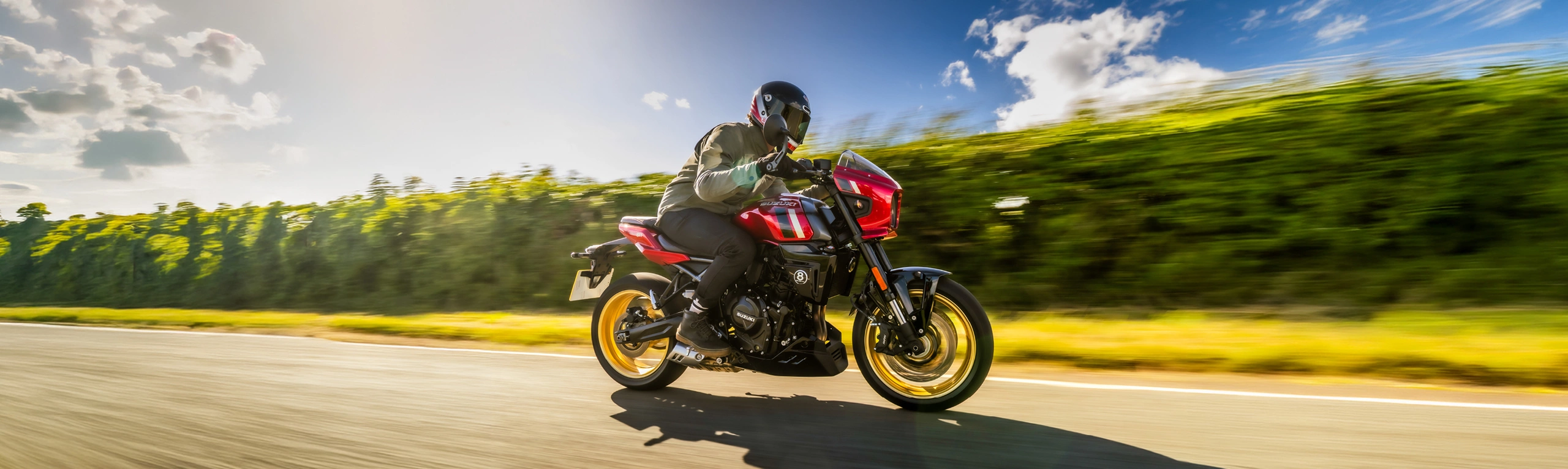 Suzuki GSX-8TT red, riding along a country road with low bushes behind.
