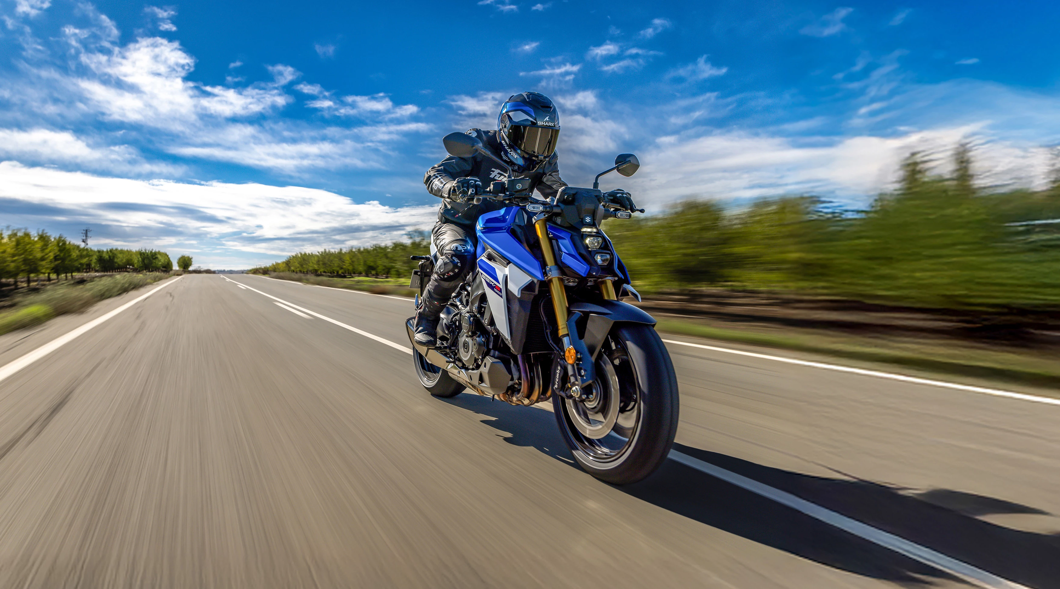 Suzuki GSX-S1000 in action on a country road.