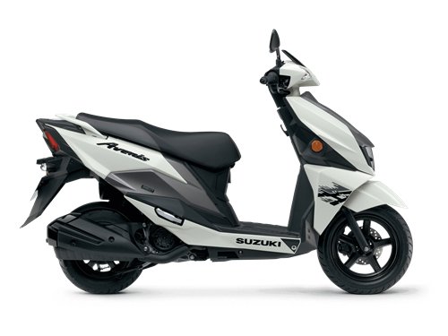 Side profile of the Suzuki Avenis 125, emphasising its sporty and aerodynamic design in a white and black colourway