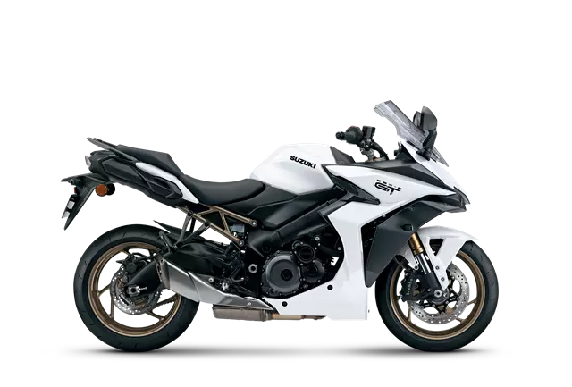 Side view of the Suzuki GSX-S1000GT motorcycle in white, showcasing its sleek sport-touring design and aerodynamic features