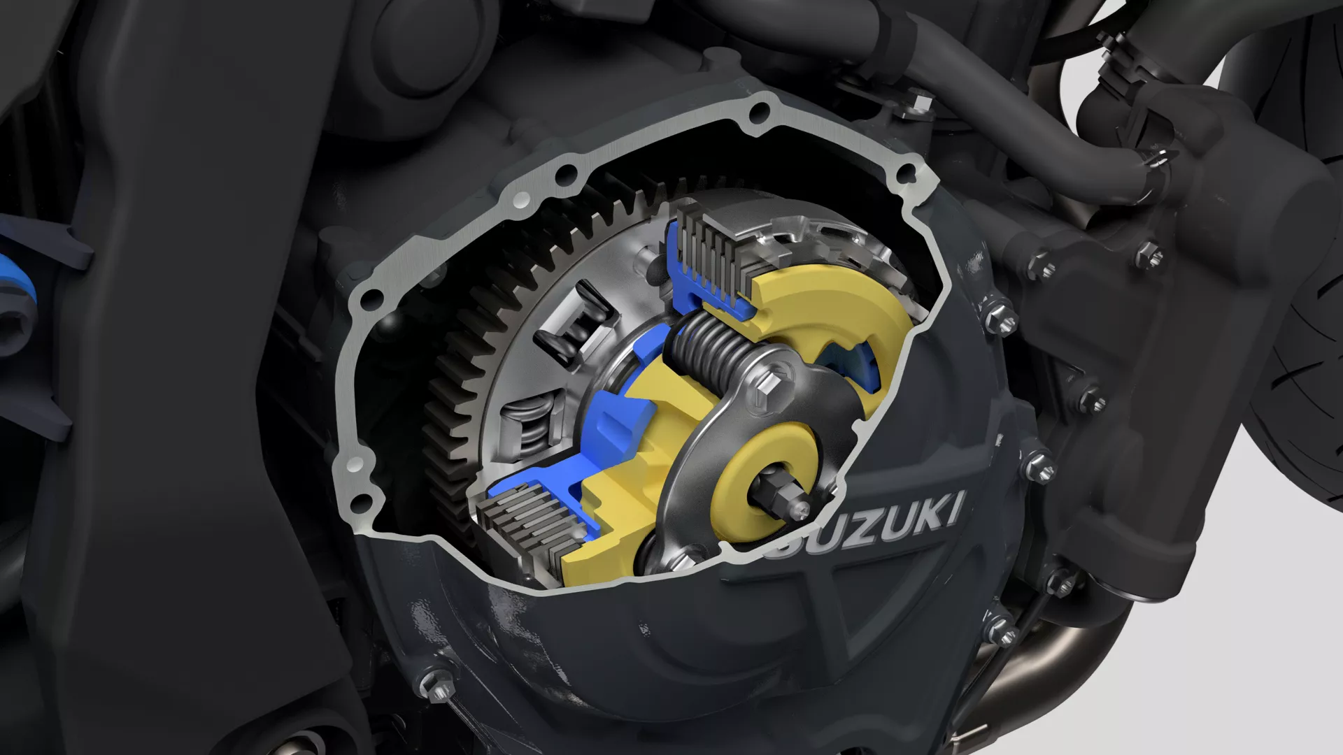 A detailed cutaway view of the Suzuki V-Strom 800DE clutch mechanism, highlighting its internal components and design.