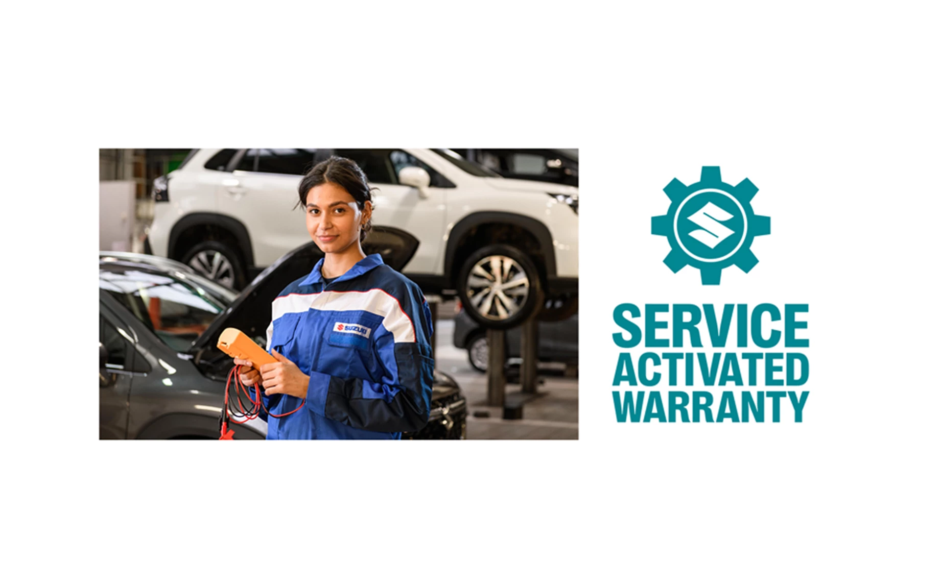 Engineer next to Service Activated Warranty logo