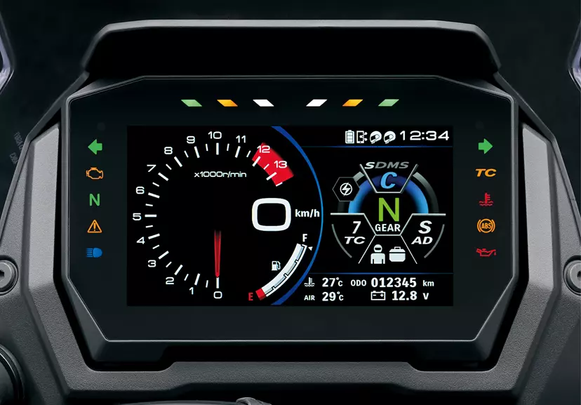 Close-up of the Suzuki GSX-S1000GX digital dashboard with various control settings.