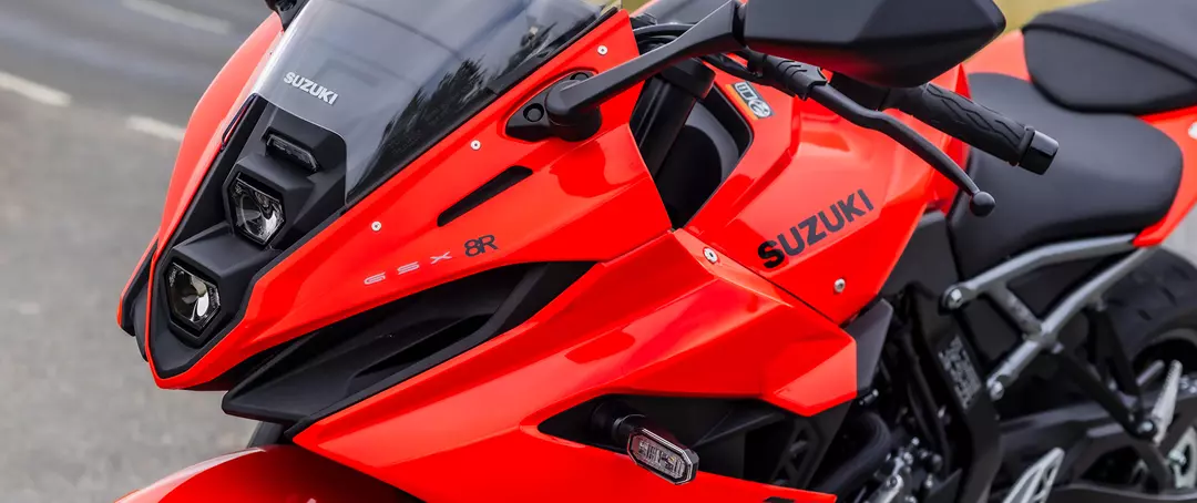 Suzuki GSX-8R close up of the front fairing and headlights from the left hand side front
