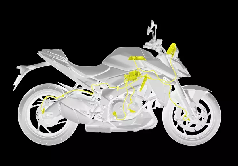 Suzuki GSX-S1000 traction control system highlighted through CAD