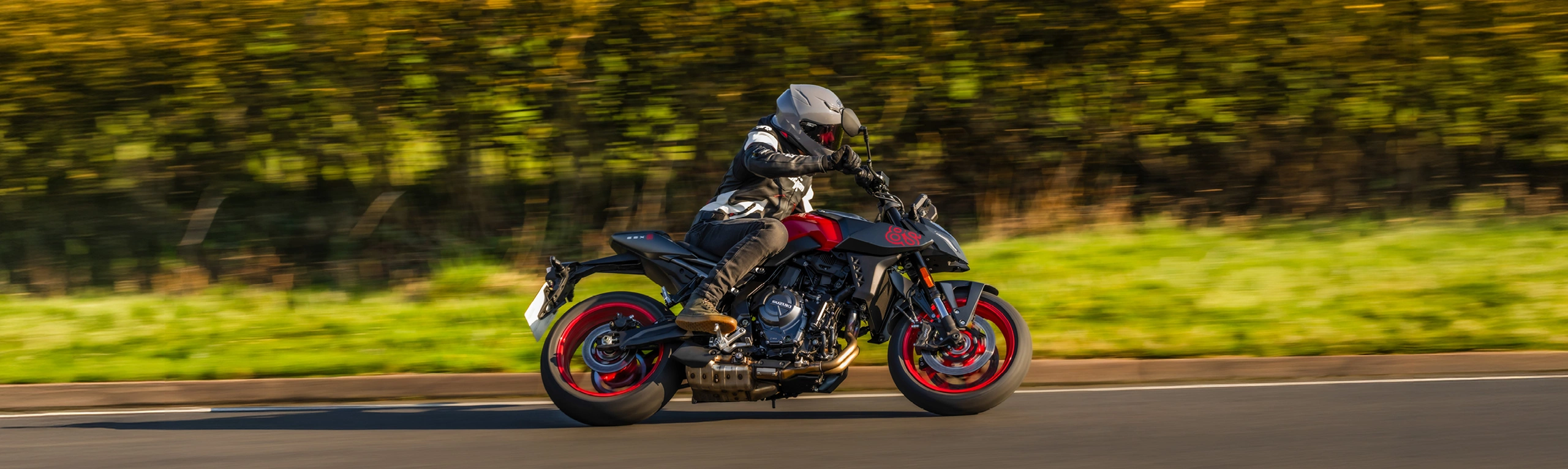 Suzuki GSX-8S red and black moving round a corner with hedges behind
