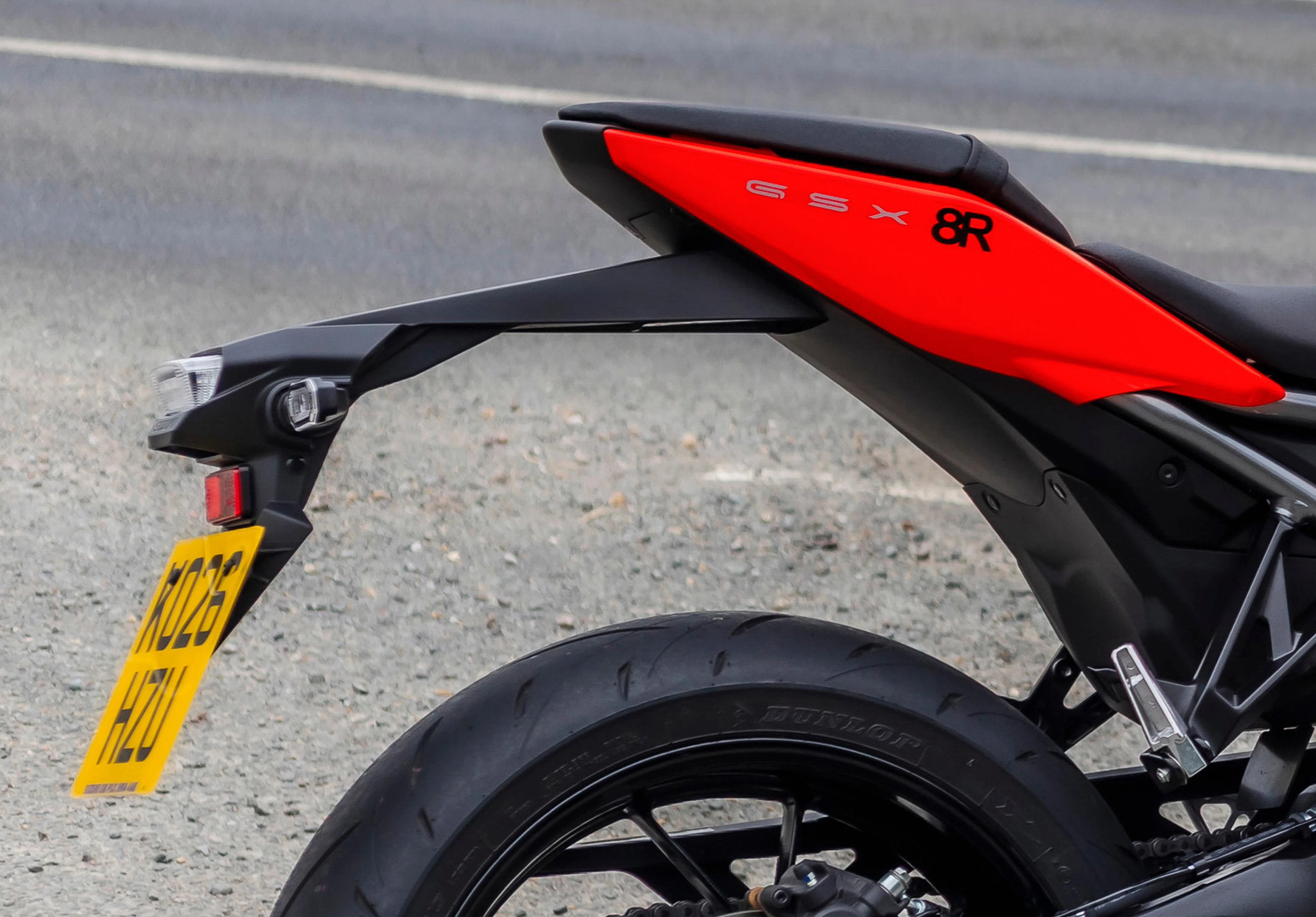 Suzuki GSX-8R close up of the tail and rear headlight cluster, on location