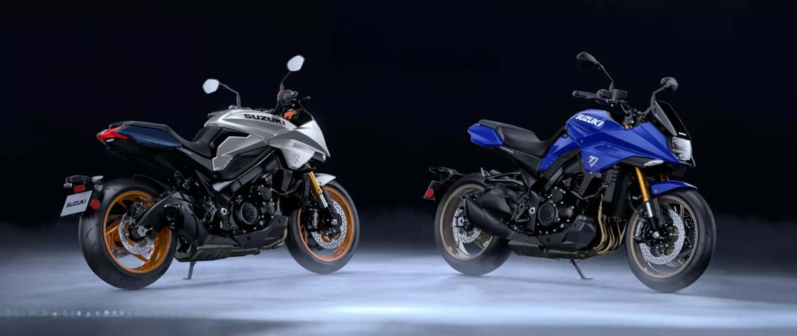 Suzuki Katana in blue and silver side on images of two bikes with a black background