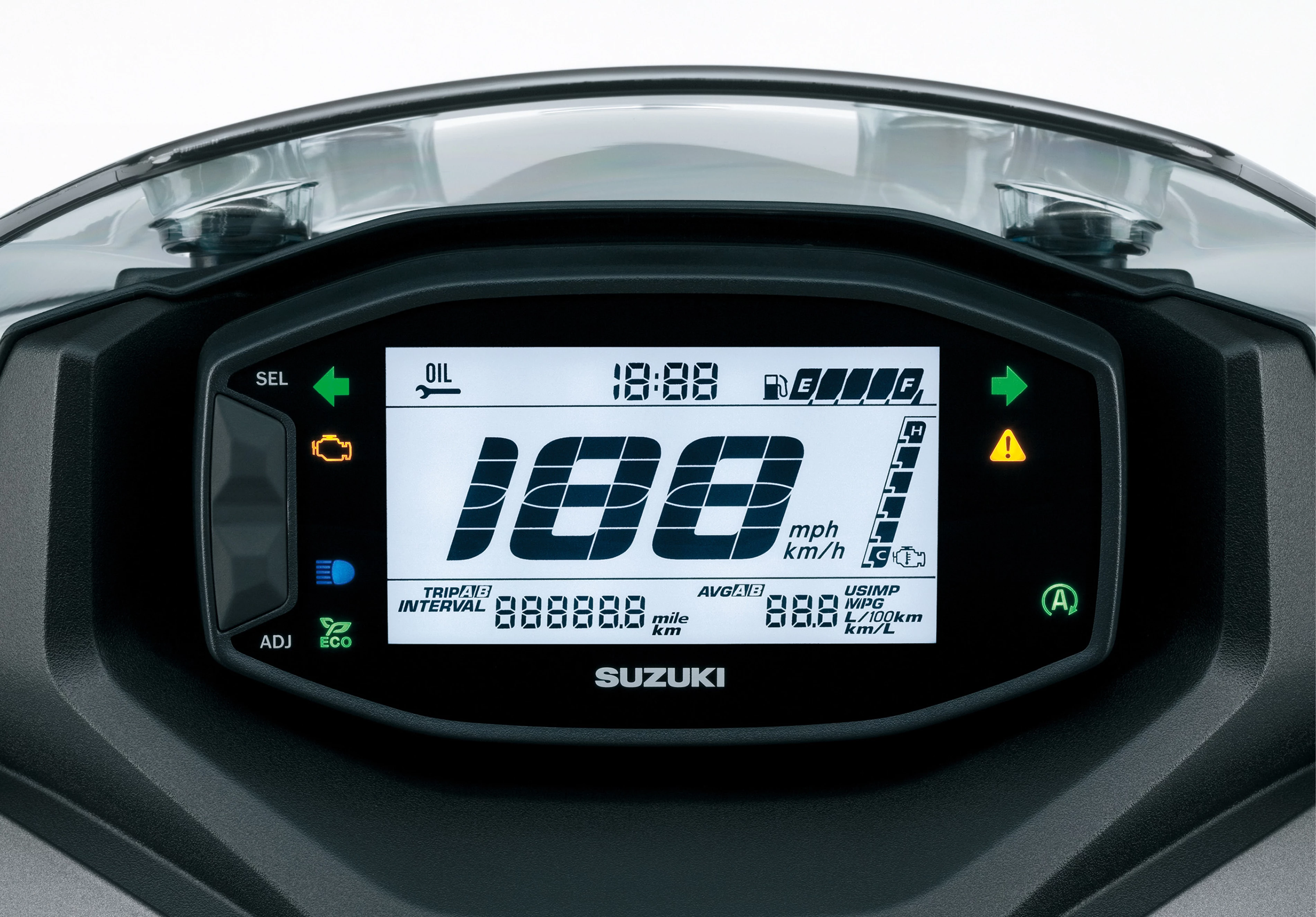 Suzuki Burgman Street 125EX close-up of the instrument panel, featuring a digital speedometer and essential indicators.