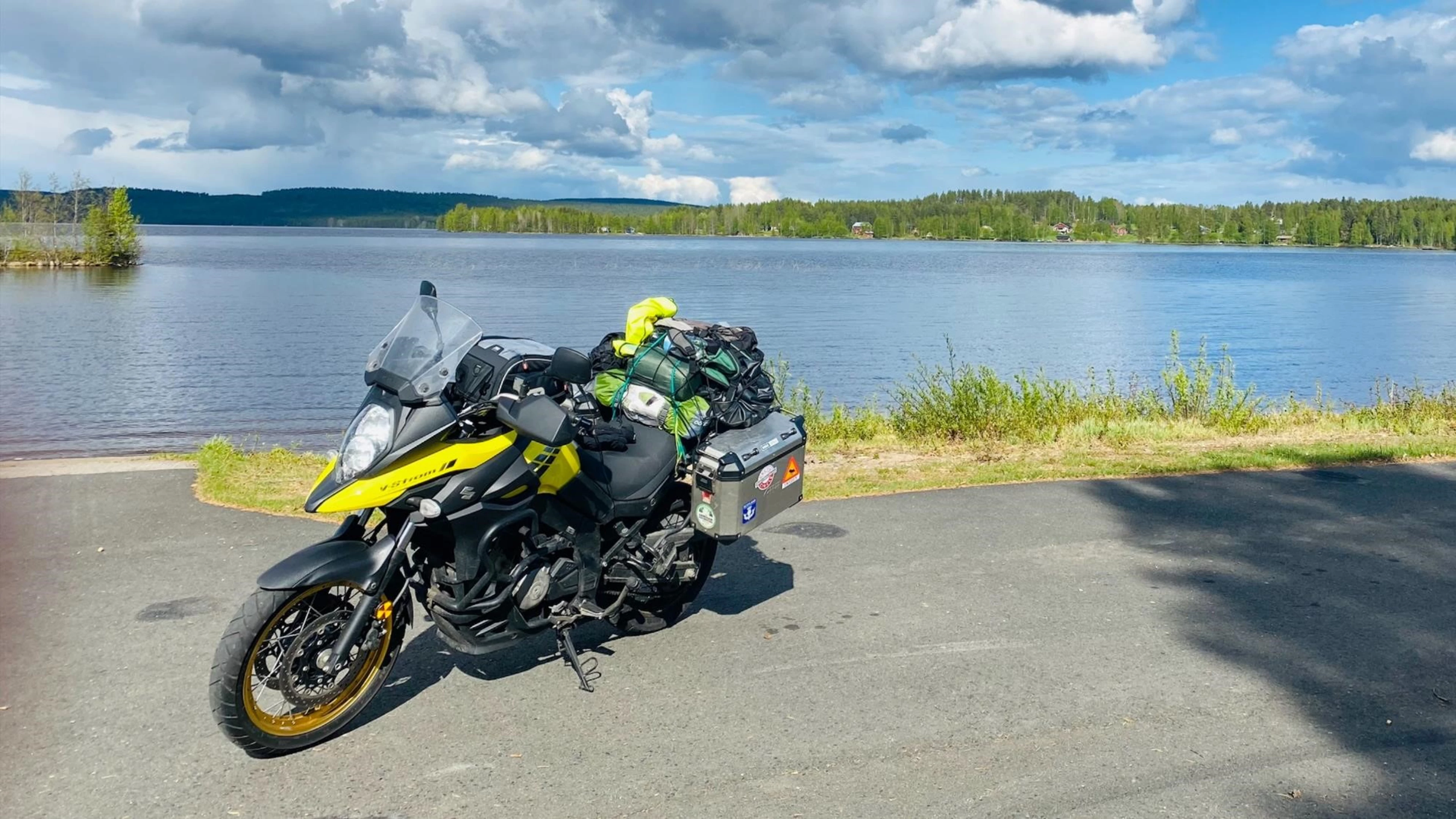 Suzuki Adventure Motorbike near lake
