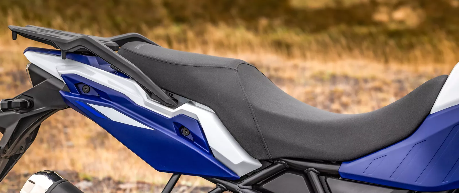 Suzuki V-Strom 800DE seat unit close up on location