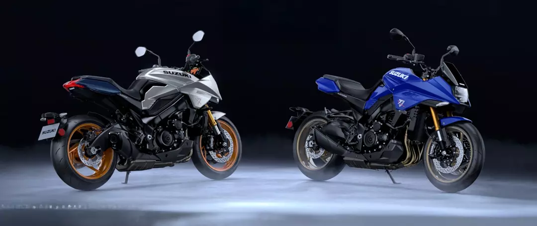 Suzuki Katana studio image showing both silver and blue bikes
