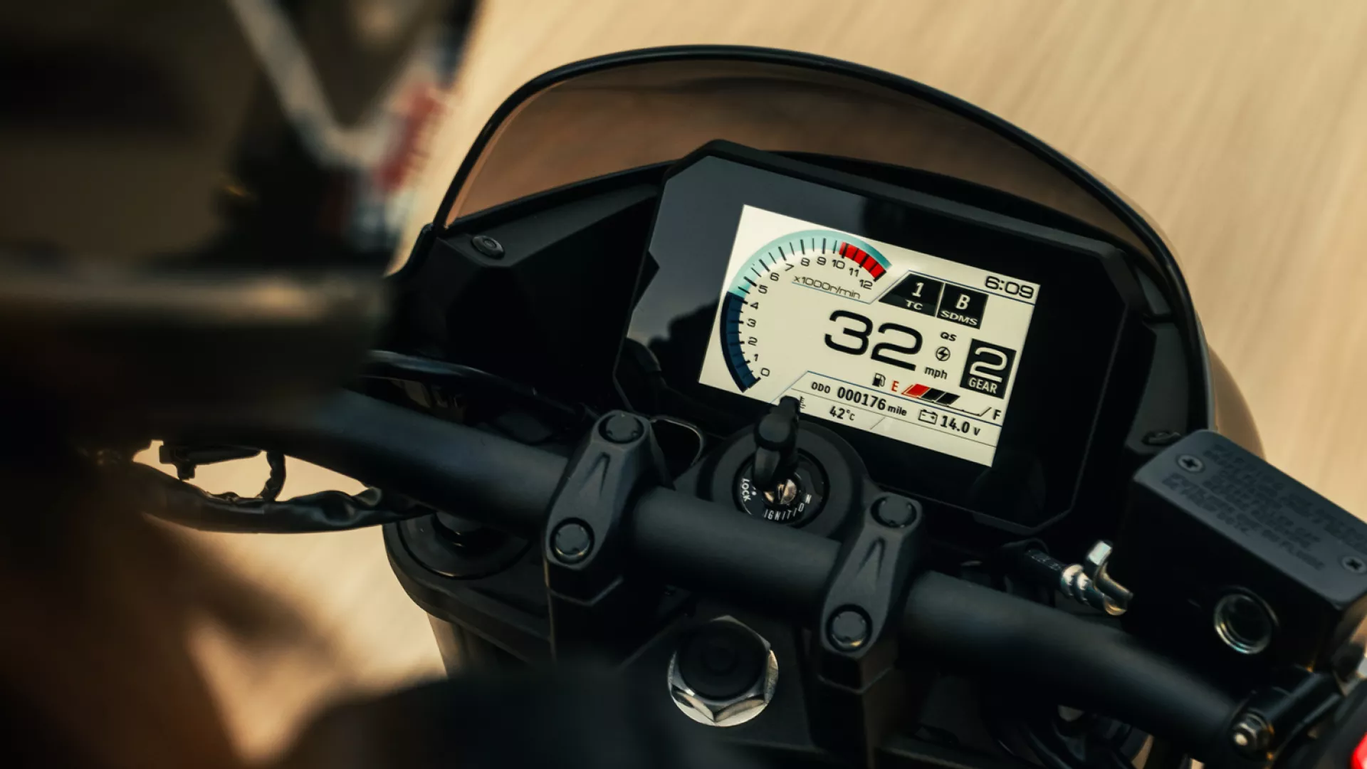 Suzuki GSX-8TT over the riders shoulder looking at the TFT dash