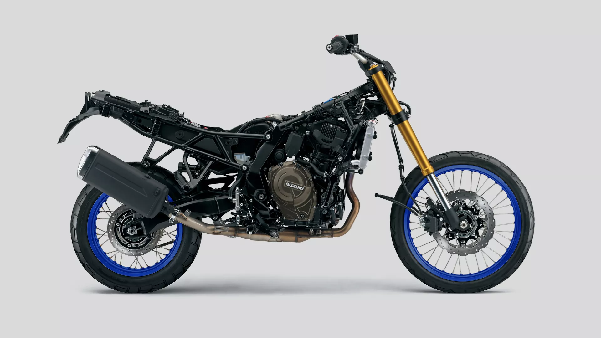 The stripped-down Suzuki V-Strom 800DE frame and engine, showing the core components without body panels.
