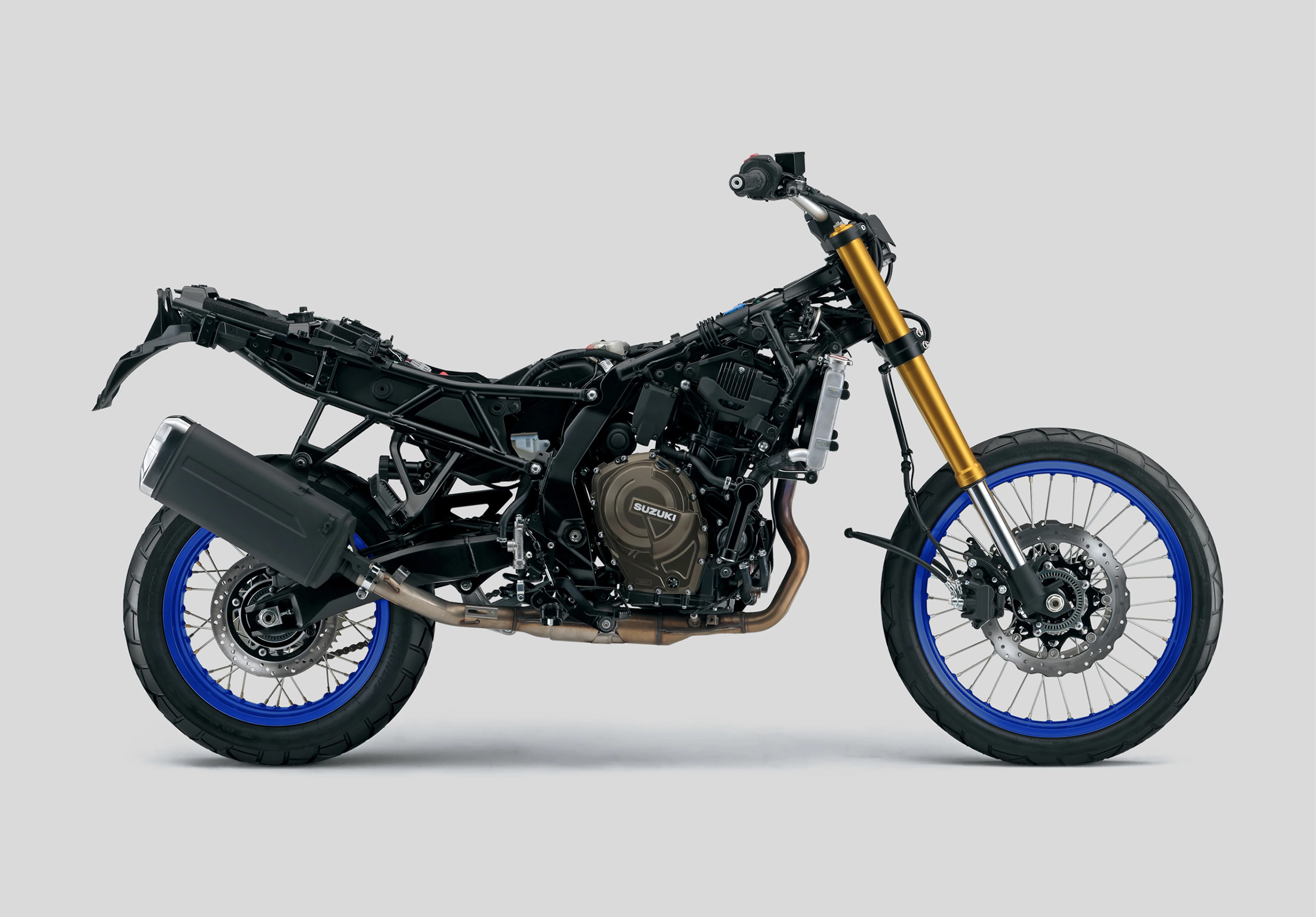 The stripped-down Suzuki V-Strom 800DE frame and engine, showing the core components without body panels.
