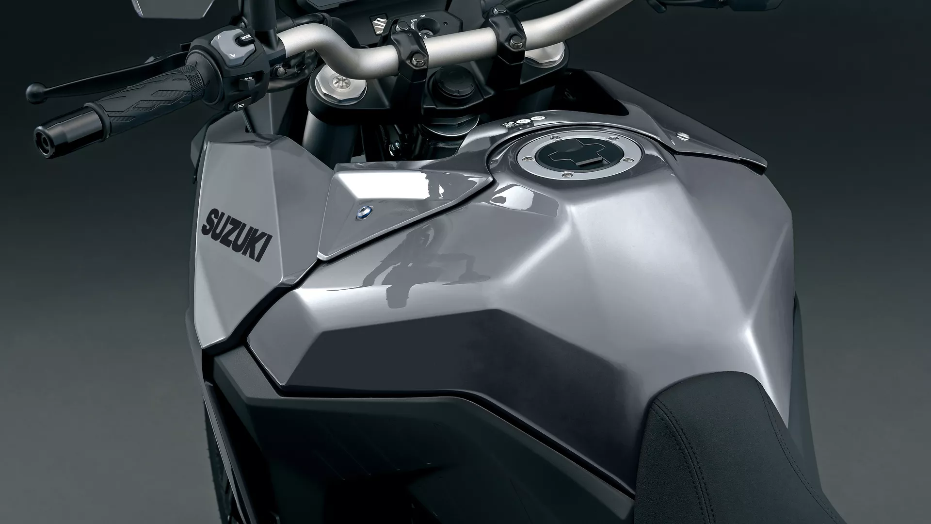 Suzuki V-Strom 800RE grey from behind the tank and handlebars