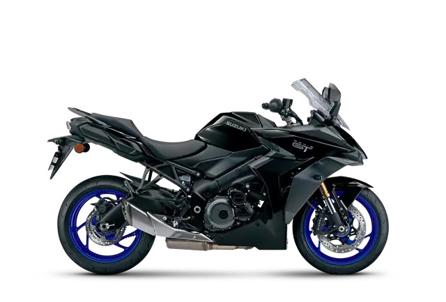 Right-side view of the Suzuki GSX-S1000GT in Black, highlighting its bold color and sleek sport-touring design