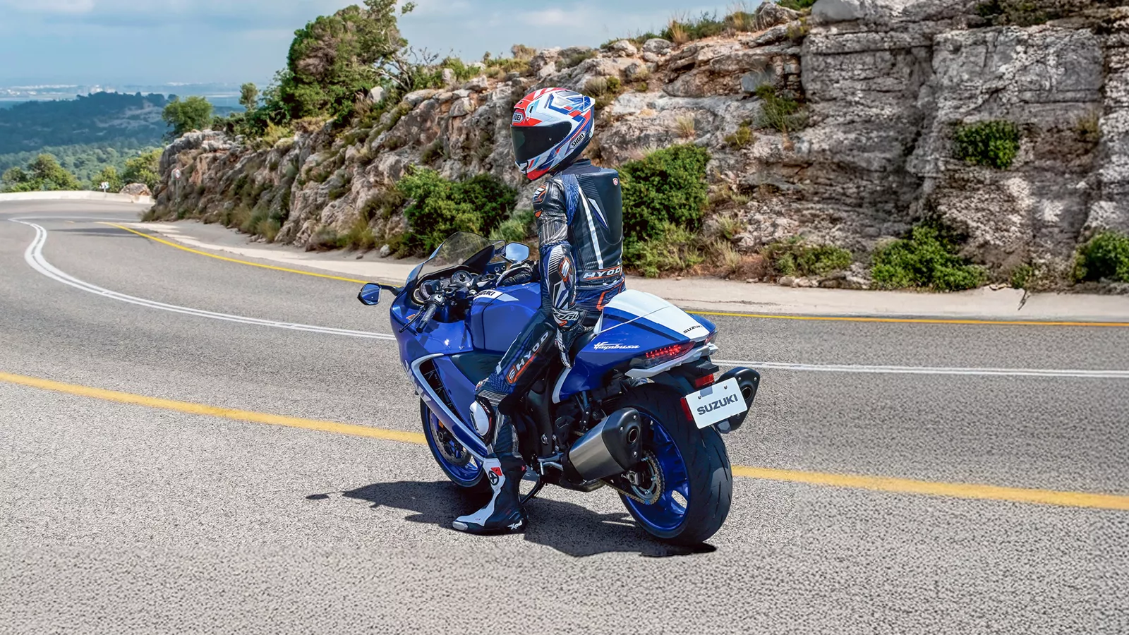 Suzuki Hayabusa Special Edition from behind with the rider looking out