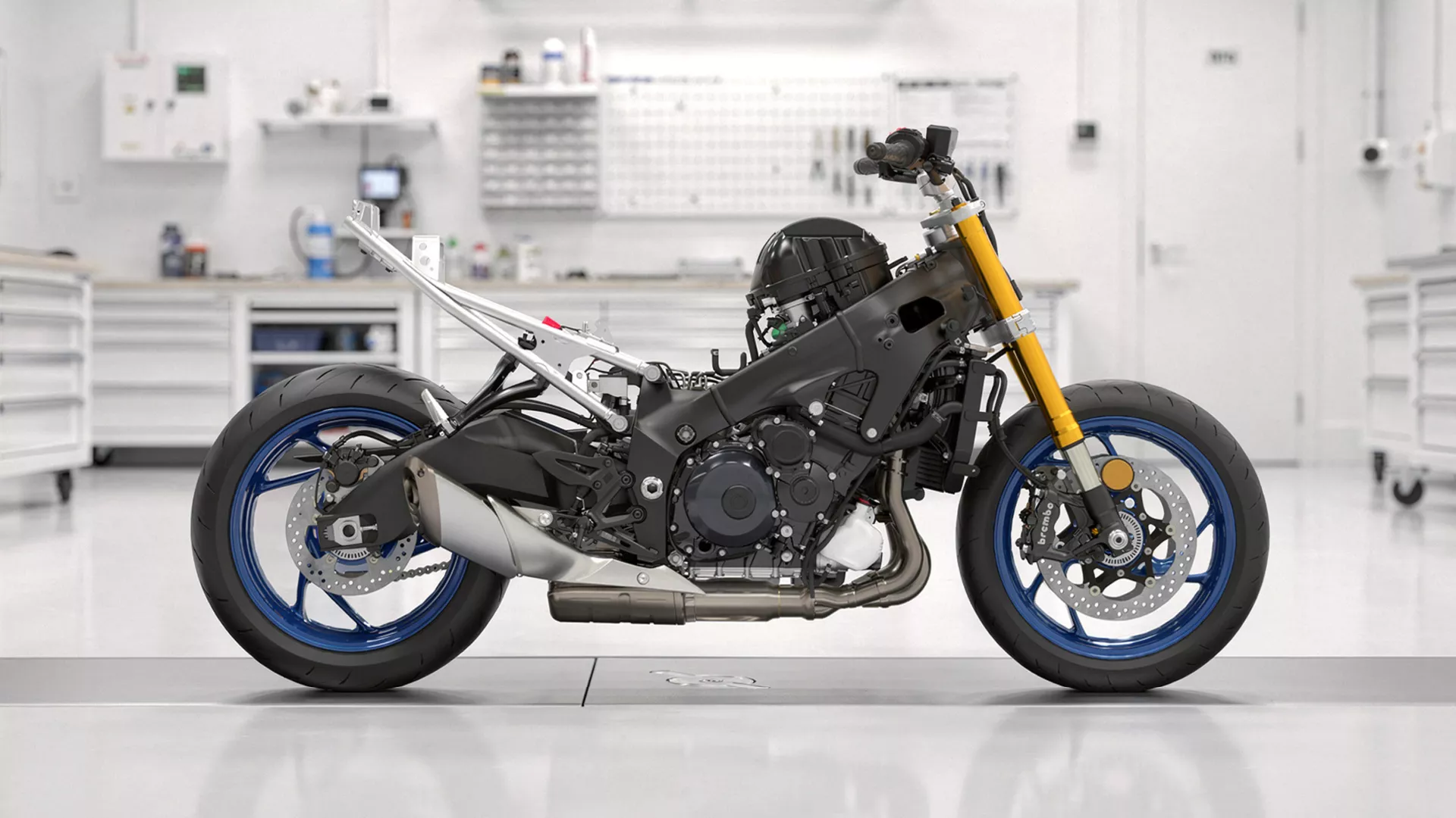 Suzuki GSX-S1000 with bodywork taken off to reveal engine and chassis
