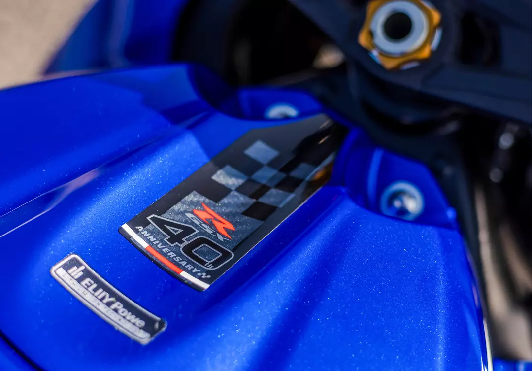 Suzuki GSX-R1000R tank close up of 40th anniversary decal