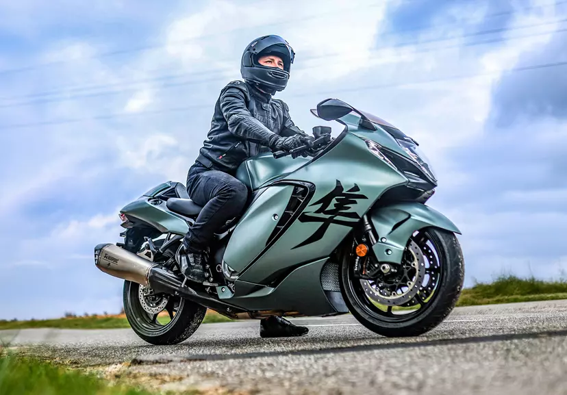 Suzuki Hayabusa side on static with rider on a hill